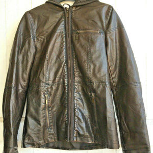 ESPRIT Moto Jacket  Faux Leather Sz S/M Hood Zips 3 Pockets Brown Fitted Lining